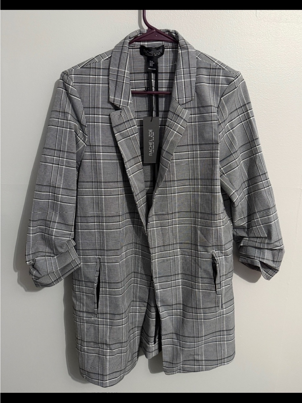 Rachel Zoe Blazer Womens Medium Plaid Unlined Ruched Sleeve Open Front Office